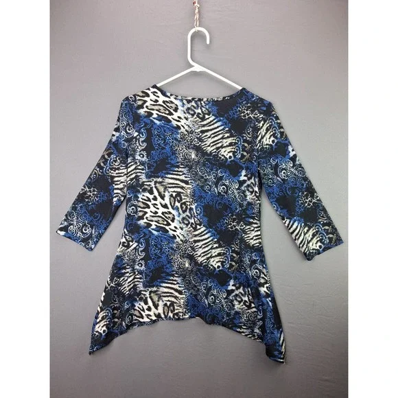 Mandy Evans Tunic Top Womens Medium Blue Animal Print Sharkbite Hem 3/4 Sleeve - Picture 5 of 6